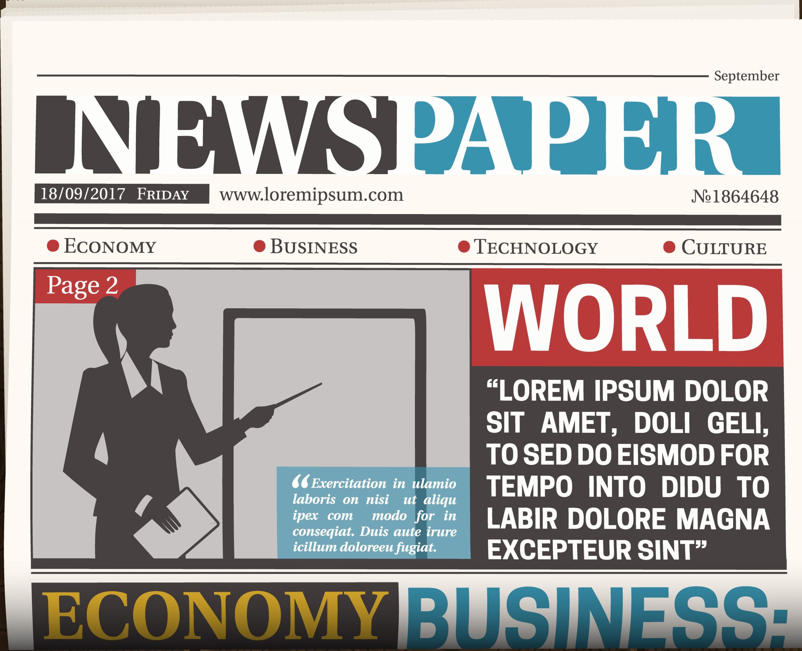 Newspaper front page poster with world news economy business headlines on dark wood background realistic vector illustration