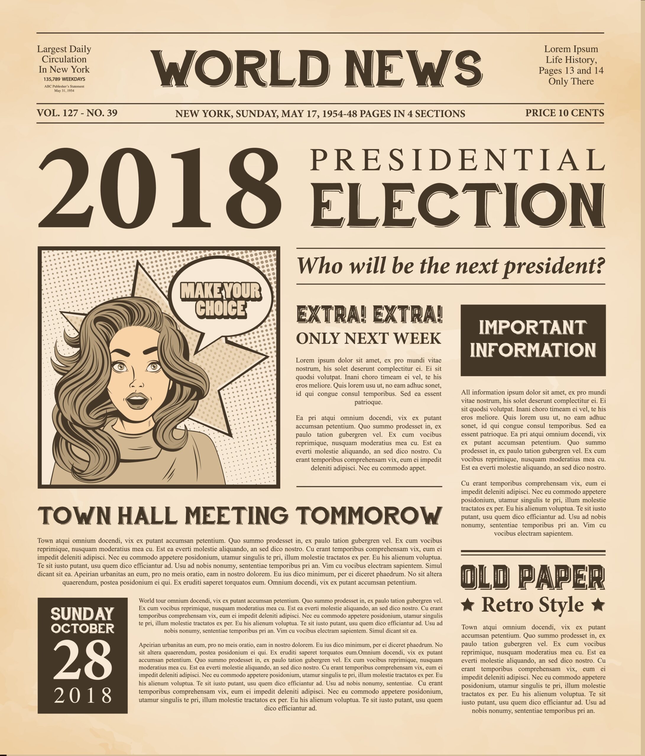 Newspaper page 2018 presidential election world news article realistic vintage style  against dark wood background vector illustration